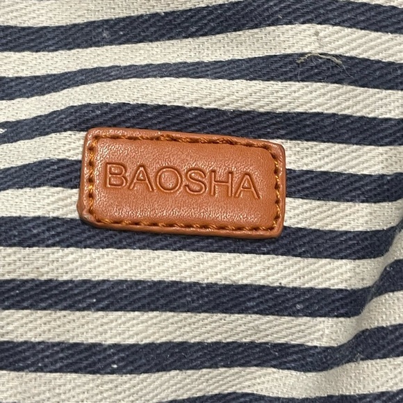 Baosha Nautical Blue and Tan Shoulder Bag with Leather Straps duffel weekender - Picture 2 of 9